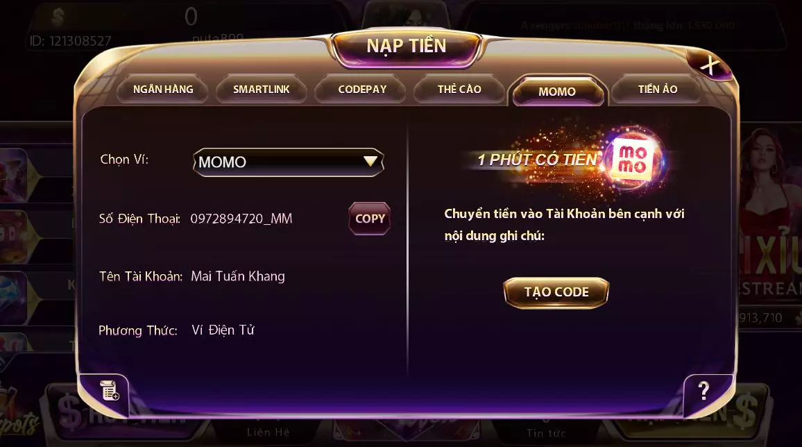 Nạp tiền vào tài khoản qua hình thức Momo