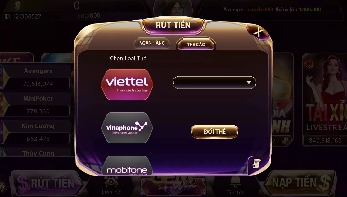 Rút tiền Gemwin qua hình thức thẻ cào